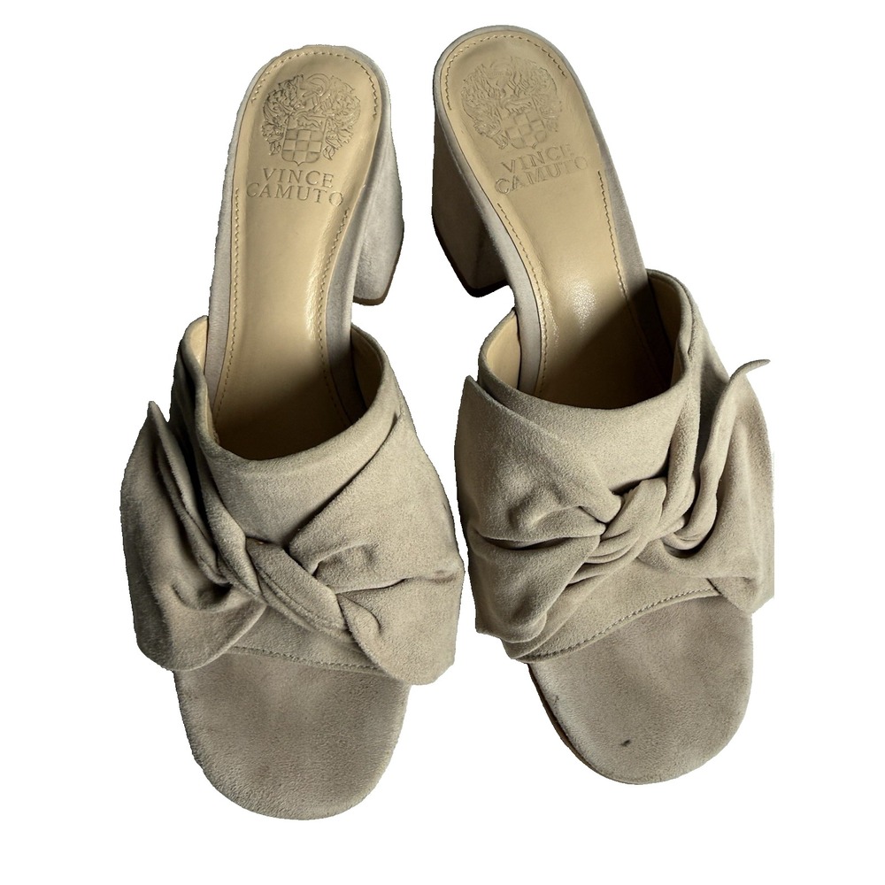 Vince Camuto Womens‎ Sharrey Sandals Slides Block Heel Beige Suede Bow Size 7.5M